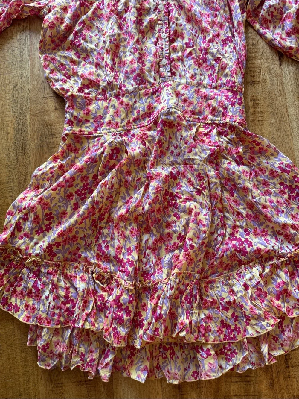 Poupette St Barth Caline Purple Daffodil Floral Tiered Ruffle Mini Dress NWT Lg